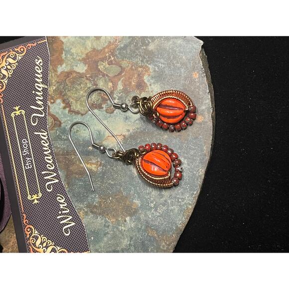 Handmade Wire Wrap Earrings Pumpkins - Picture 9 of 10